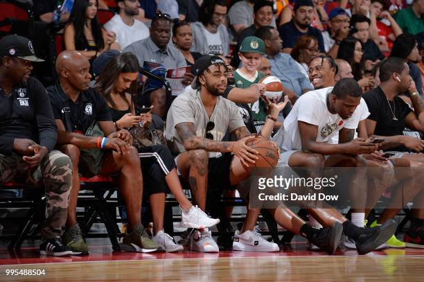 Angelo Russell of the the Brooklyn Nets enjoys the game between the the Brooklyn Nets and the Orlando Magic during the 2018 Las Vegas Summer League...