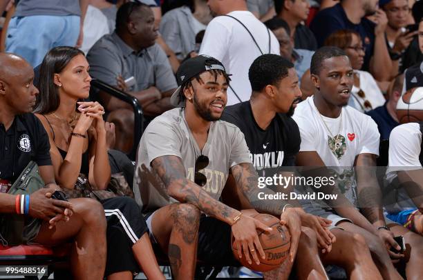 Angelo Russell of the the Brooklyn Nets enjoys the game between the the Brooklyn Nets and the Orlando Magic during the 2018 Las Vegas Summer League...