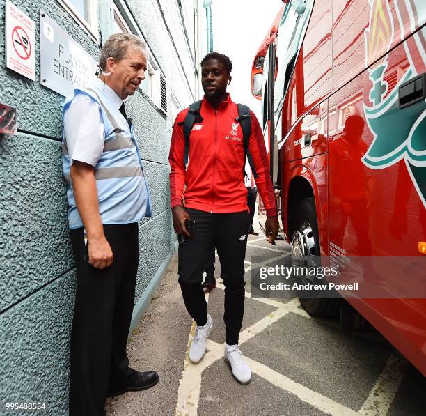 Divock Origi of Liverpool arrives before a pre-season friendly match between Tranmere Rovers and Liverpool at Prenton Park on July 10, 2018 in...