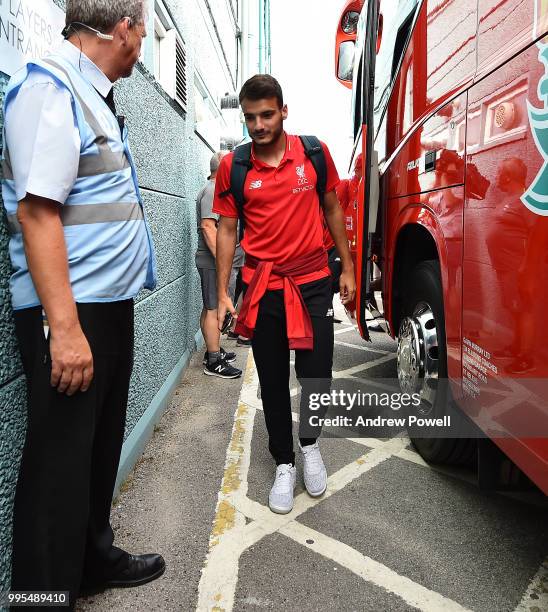Pedro Chirivella of Liverpool arrives before a pre-season friendly match between Tranmere Rovers and Liverpool at Prenton Park on July 10, 2018 in...