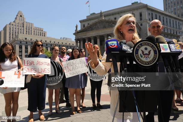 Congresswoman Carolyn Maloney joins local politicians, activists and others for a protest to denounce President Donald Trump's selection of Brett...