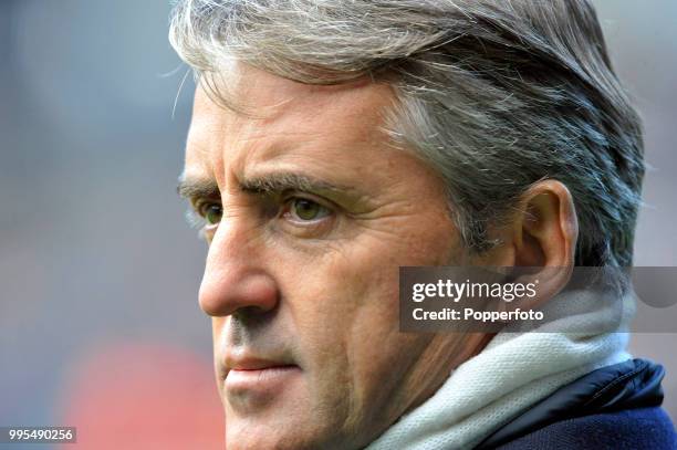 Manchester City manager Roberto Mancini looks on during the Barclays Premier League match between West Bromwich Albion and Manchester City at The...