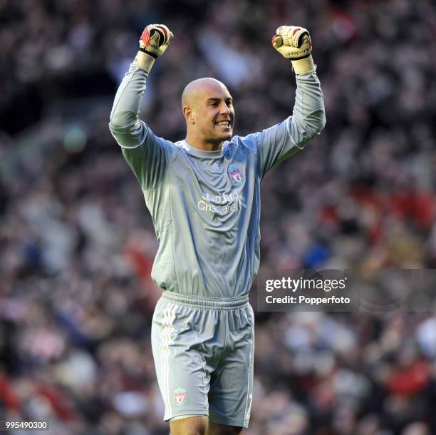 Pepe Reina of Liverpool celebrates during the Barclays Premier League match between Liverpool and Chelsea at Anfield on November 7, 2010 in...