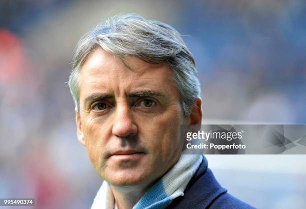 Manchester City manager Roberto Mancini looks at the camera during the Barclays Premier League match between West Bromwich Albion and Manchester City...