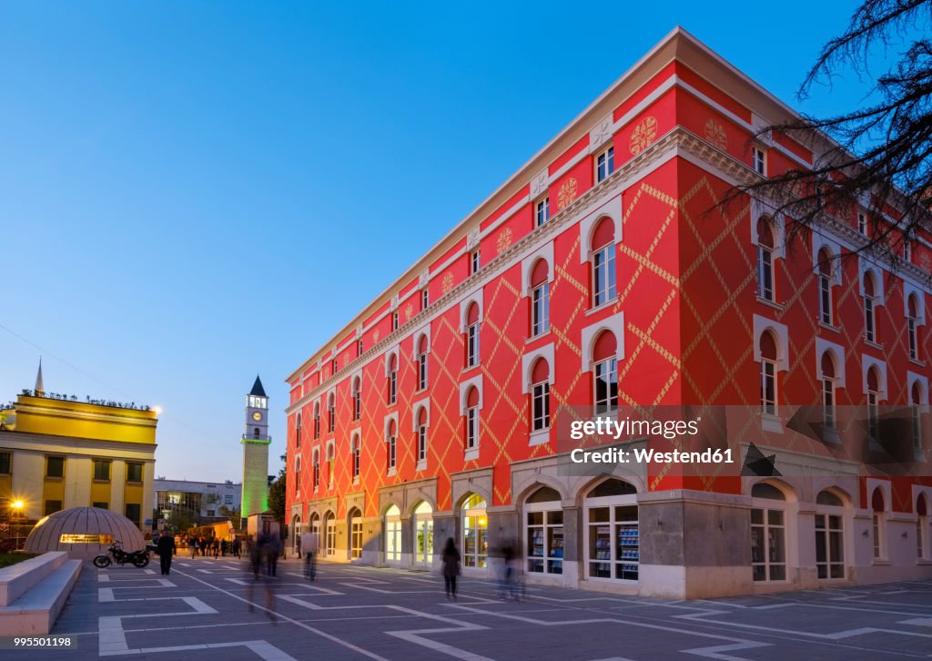 Albania, Tirana, Clock tower and Minstry of Urban Development, blue hour