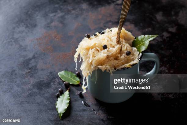 cup of sauerkraut with uniper berris and bay leaves - choucroute stock-fotos und bilder