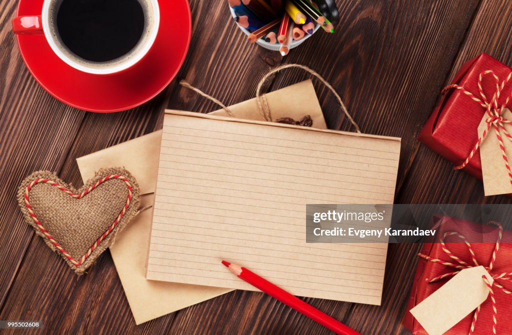 Valentines day heart, coffee, gifts and notepad