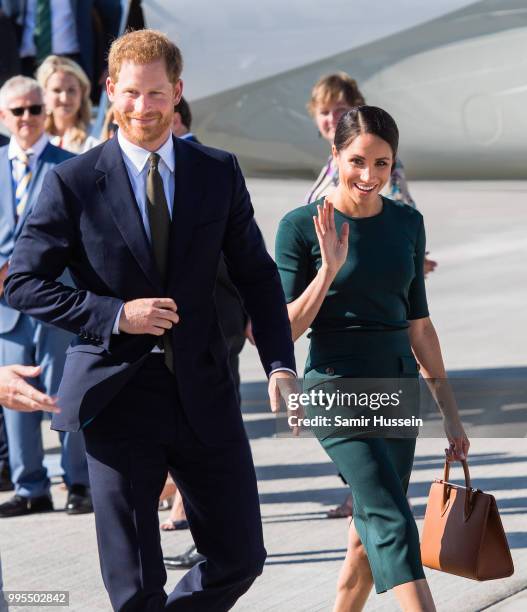 Prince Harry, Duke of Sussex and Meghan, Duchess of Sussex arrive at Dublin Airport during their visit to Ireland on July 10, 2018 in Dublin, Ireland.