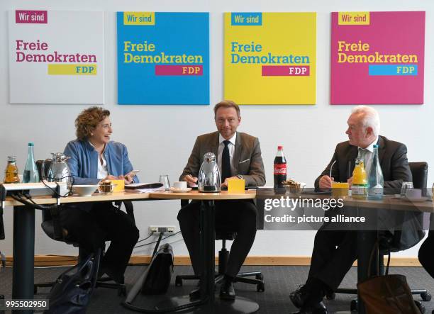 General secretary Nicola Beer, chairman, Christian Lindner and vice-chairman Wolfgang Kubicki take part in the constitutive meeting of the FDP...