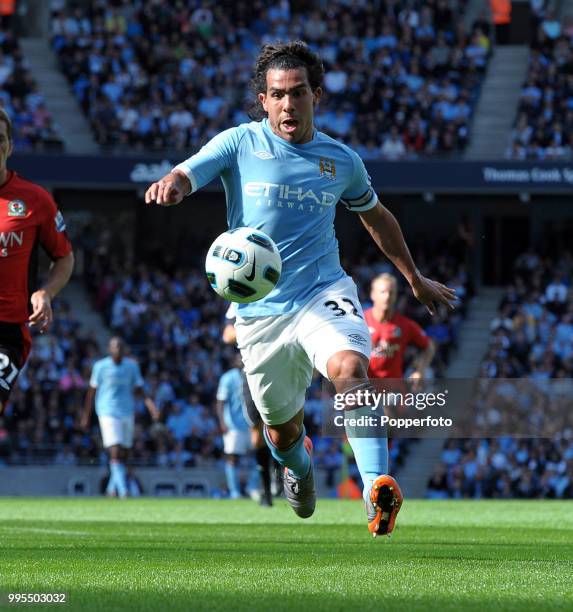 Carlos Tevez of Manchester City in action during the Barclays Premier League match between Manchester City and Blackburn Rovers at the City of...