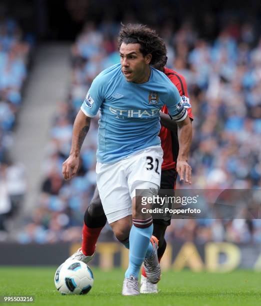 Carlos Tevez of Manchester City in action during the Barclays Premier League match between Manchester City and Blackburn Rovers at the City of...