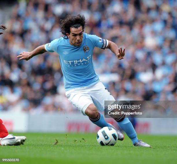 Carlos Tevez of Manchester City in action during the Barclays Premier League match between Manchester City and Blackburn Rovers at the City of...