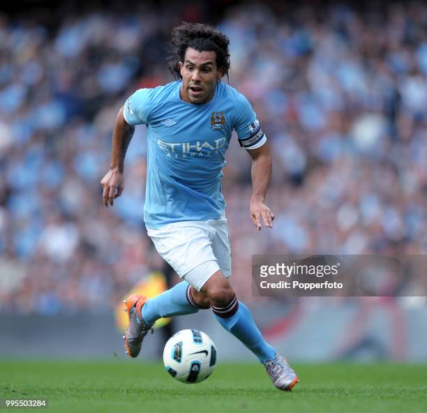 Carlos Tevez of Manchester City in action during the Barclays Premier League match between Manchester City and Blackburn Rovers at the City of...