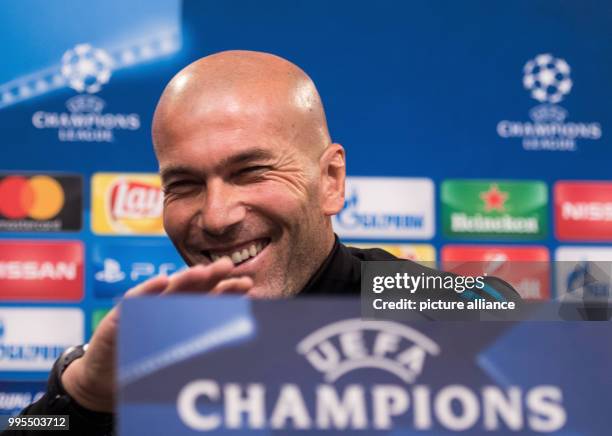 Madrid's head coach Zinedine Zidane speaks at the press conference in the Signal Iduna Park in Dortmund, Germany, 25 September 2017. Real Madrid...