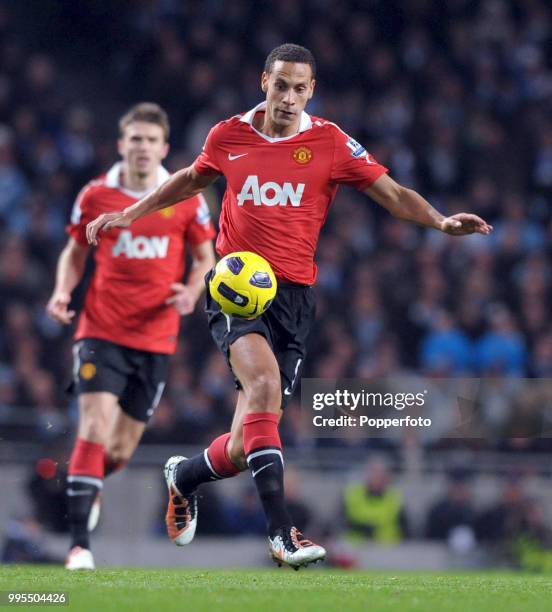 Rio Ferdinand of Manchester United in action during the Barclays Premier League match between Manchester City and Manchester United at the City of...