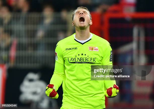 Berlin's goalkeeper Jakob Busk celebrates the 1:0 during the German 2. Bundesliga match between 1. FC Union Berlin and 1. FC Kaiserslautern at the...