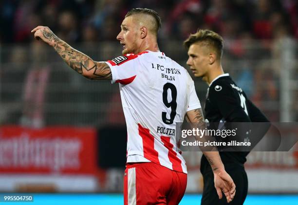 Union's Sebastian Polter celebrates his 5-0 goal during the German 2. Bundesliga match between 1. FC Union Berlin and 1. FC Kaiserslautern at the...