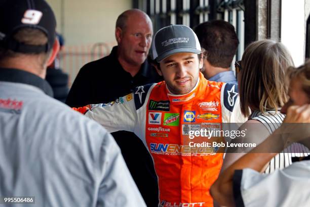 Chase Elliott in the garage during testing at The Roval at Charlotte Motor Speedway on July 10, 2018 in Charlotte, North Carolina.