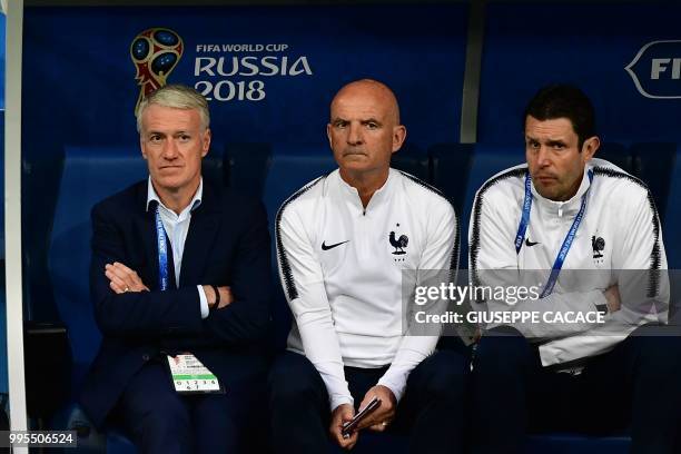 France's coach Didier Deschamps , France's assistant coach Guy Stephan and France's goalkeeping coach Franck Raviot attend the Russia 2018 World Cup...