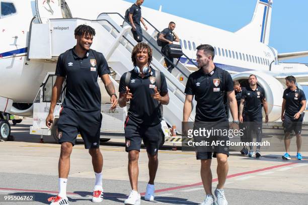 Tyrone Mings, Nathan Ake and Lewis Cook of AFC Bournemouth arriving in Spain for pre-season training camp at La Manga on July 10, 2018 in La Manga,...