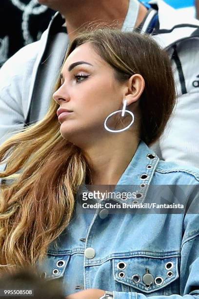 Charlotte Pirroni girlfriend of Florian Thauvin of France attends the 2018 FIFA World Cup Russia Semi Final match between Belgium and France at Saint...