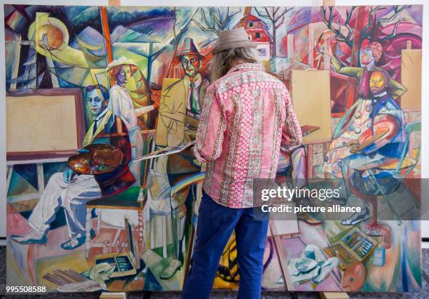 The painter Wolfgang Beltracchi stands in front of his paining 'Gruppenbild der blauen Reiter' which he is currently working on in Munich, Germany,...