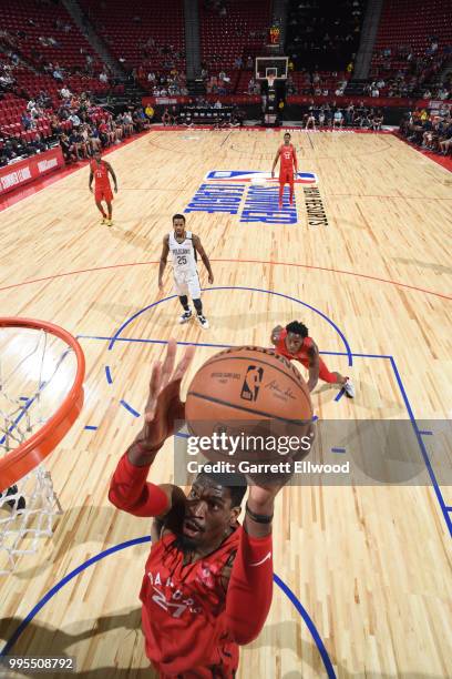 Shevon Thompson of the Toronto Raptors shoots the ball against the New Orleans Pelicans during the 2018 Las Vegas Summer League on July 6, 2018 at...