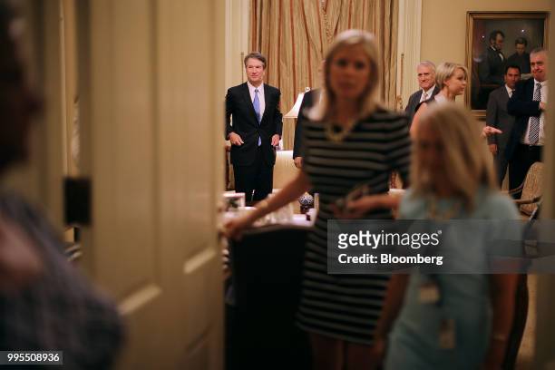 Brett Kavanaugh, U.S. Supreme Court associate justice nominee for U.S. President Donald Trump, left, stands during a meeting with Senate Majority...