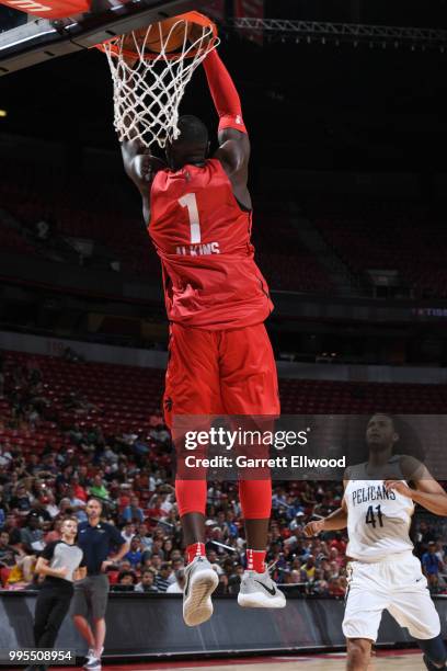 Rawle Alkins of the Toronto Raptors dunks the ball against the New Orleans Pelicans during the 2018 Las Vegas Summer League on July 6, 2018 at the...