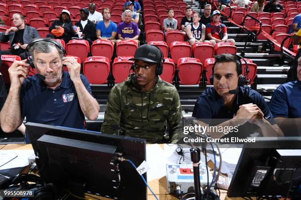 DeMar DeRozan of the Toronto Raptors talks to the media during the 2018 Las Vegas Summer League on July 6, 2018 at the Thomas & Mack Center in Las...