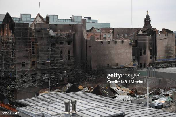 Skyline view before work begins on the demolition of the burnt-out Glasgow Art School on July 10, 2018 in Glasgow, Scotland. The grade A listed...
