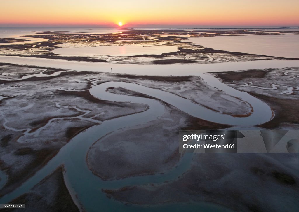 USA, Virginia, Aerial view of Virginia Coast Reserve, marshes at sunset