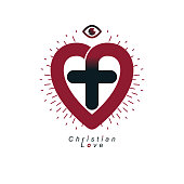 God Christian Love conceptual sign design combined with Christian Cross and heart, vector creative symbol.
