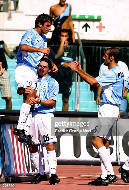 Claudio Lopez and Castroman of Lazio celebrating his goal during the Serie A 1st Round League match between Lazio and Piacenza , played at the...