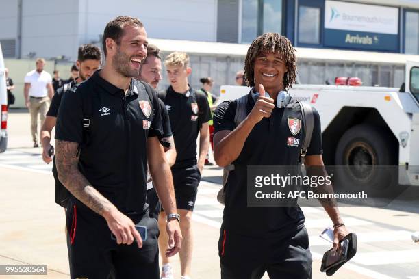 Steve Cook and Nathan Ake of Bournemouth depart on flight to Spain for pre-season training camp at La Manga on July 10, 2018 in La Manga, Spain.