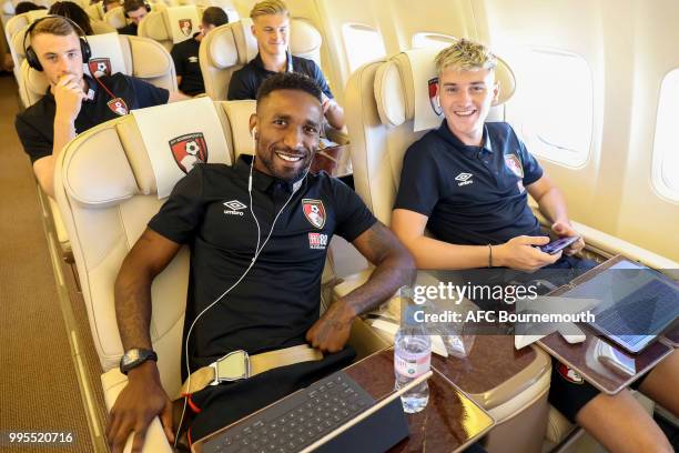 Jermain Defoe and David Brooks of Bournemouth during flight to Spain for pre-season training camp at La Manga on July 10, 2018 in La Manga, Spain.
