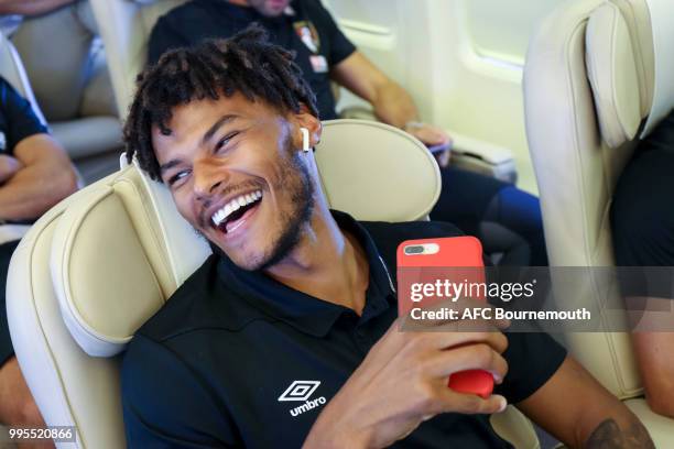 Tyrone Mings of Bournemouth during flight to Spain for pre-season training camp at La Manga on July 10, 2018 in La Manga, Spain.