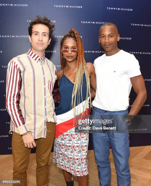Nick Grimshaw, IAMDDB, and Eric Underwood attend the Tommy Hilfiger x Lewis Hamilton event at the Tommy Hilfiger Regent Street store on July 10, 2018...