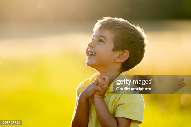 cheerful smiling little boy outdoors in summer sunlight upper body - gratitude stock pictures, royalty-free photos & images