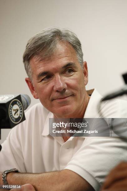 Executive Vice President of Baseball Operations Billy Beane of the Oakland Athletics talks during a press conference after first round draft pick...