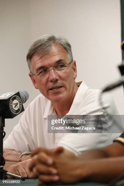 Executive Vice President of Baseball Operations Billy Beane of the Oakland Athletics talks during a press conference after first round draft pick...