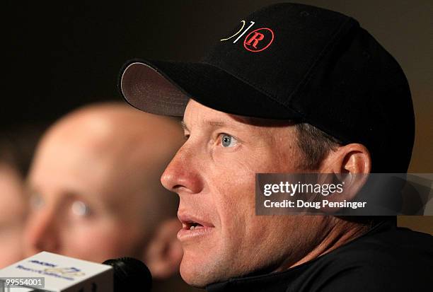 Lance Armstrong of Team Radio Shack addresses the media during a press conference prior to the 2010 Tour of California at the Sacramento Convention...