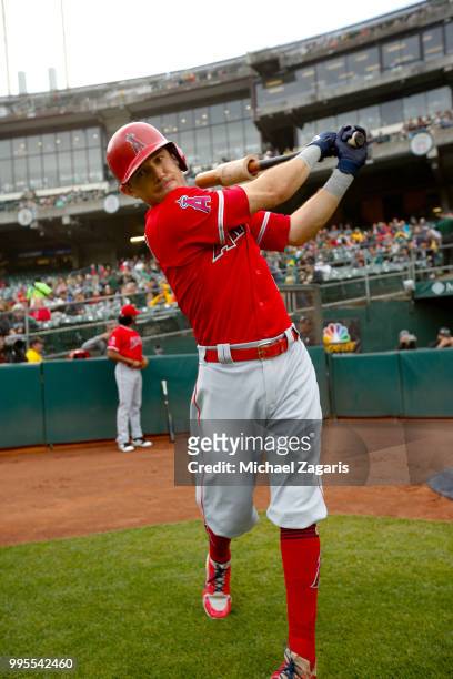 Ian Kinsler of the Los Angeles Angels of Anaheim stands on the field prior toduring the game against the Oakland Athletics at the Oakland Alameda...
