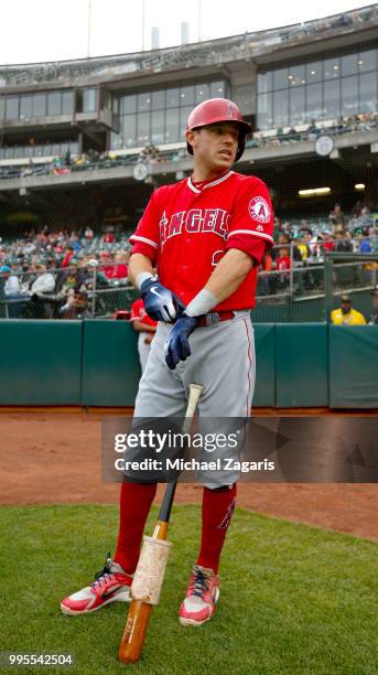 Ian Kinsler of the Los Angeles Angels of Anaheim stands on the field prior toduring the game against the Oakland Athletics at the Oakland Alameda...