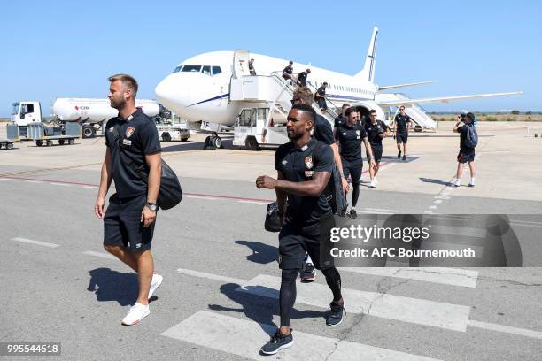 Artur Boruc and Jermain Defoe of AFC Bournemouth arriving in Spain for pre-season training camp at La Manga on July 10, 2018 in La Manga, Spain.