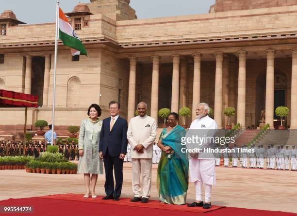 South Korea's President Moon Jae-in , his wife Kim Jung-sook , President Ram Nath Kovind with his wife Savita Kovind and Prime Minister Narendra Modi...