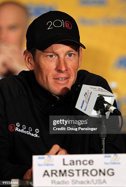 Lance Armstrong of Team Radio Shack addresses the media during a press conference prior to the 2010 Tour of California at the Sacramento Convention...