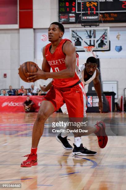 De'Anthony Melton of the Houston Rockets handles the ball against the Indiana Pacers during the 2018 Las Vegas Summer League on July 6, 2018 at the...