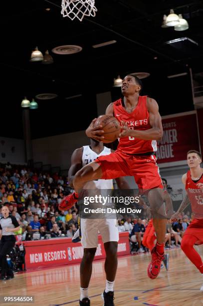 De'Anthony Melton of the Houston Rockets shoots the ball against the Indiana Pacers during the 2018 Las Vegas Summer League on July 6, 2018 at the...