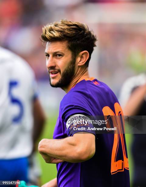 Adam Lallana of Liverpool with the captains arm band on during the pre-season friendly match between Tranmere Rovers and Liverpool at Prenton Park on...